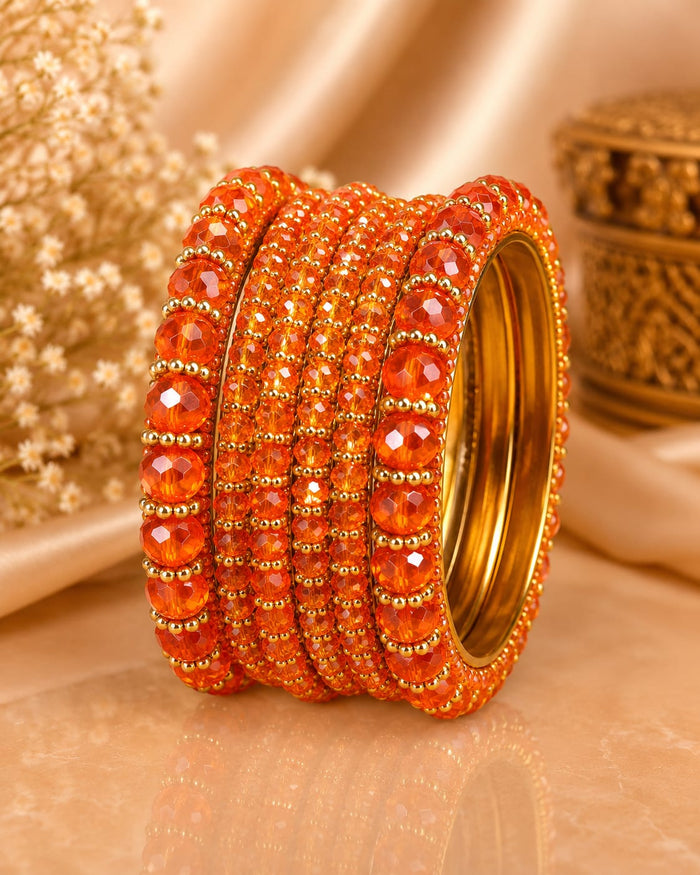 Orange Crystal Bangles for Women – Golden Beaded Design