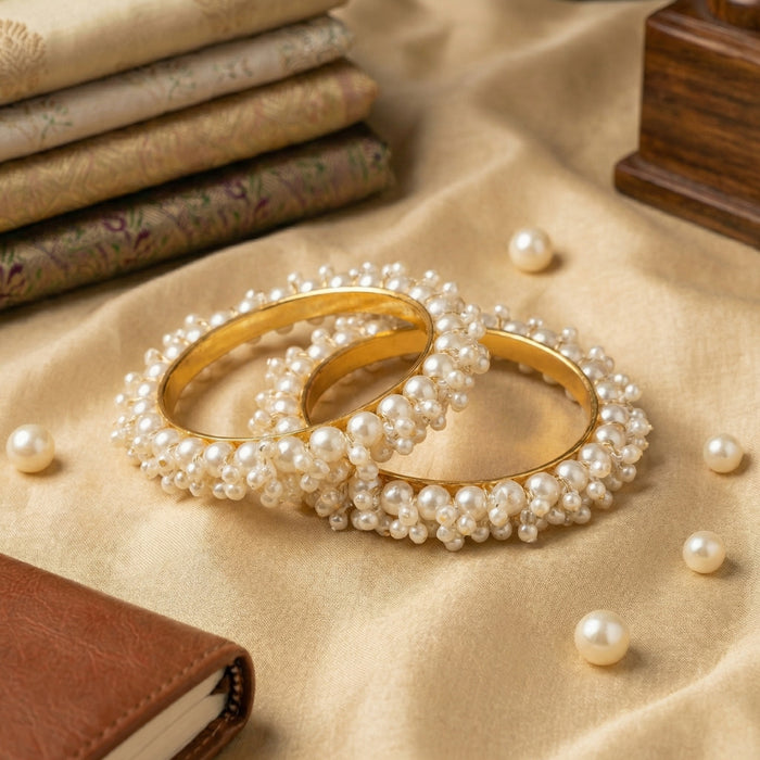 Pearl Bangles Set for Women – Golden & White