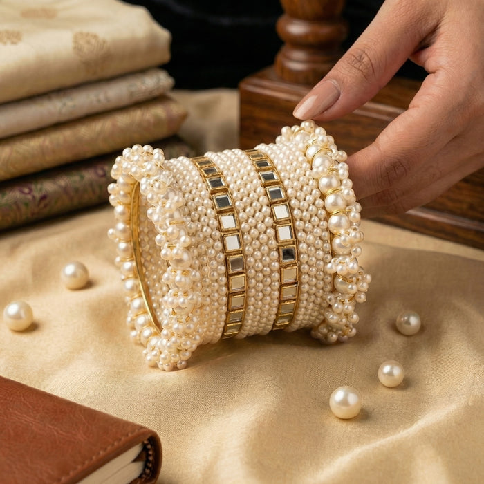 Bridal Pearl Bangles with Golden Mirror