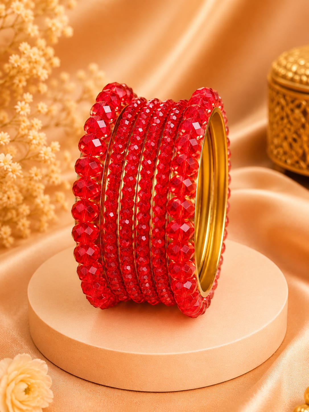 Red Crystal Bangles for Women – Golden Base